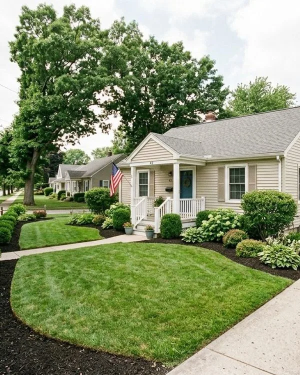 A neat front yard with trimmed shrubs and mulched beds