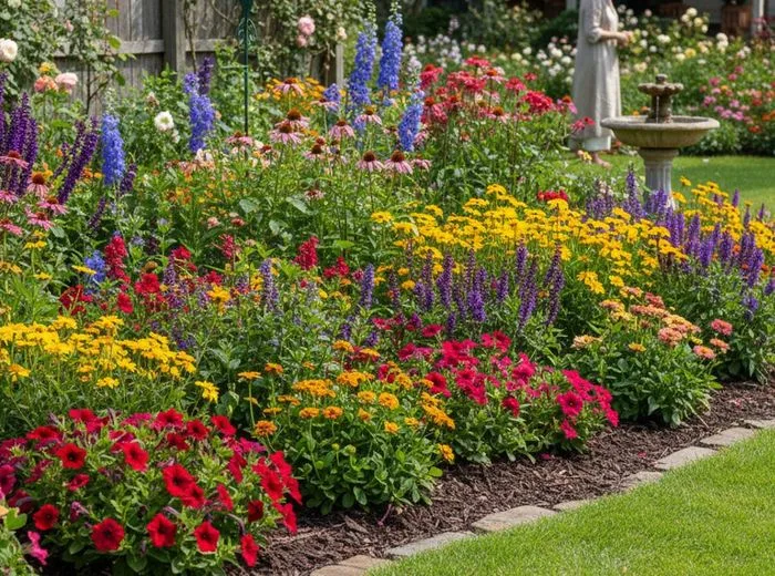 A man spreading dark mulch in a front garden bed
