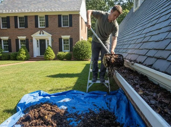 A man on a ladder scooping leaves out of a gutter onto a tarp