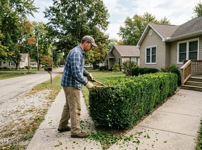 A man trimming a boxwood hedge beside a sidewalk