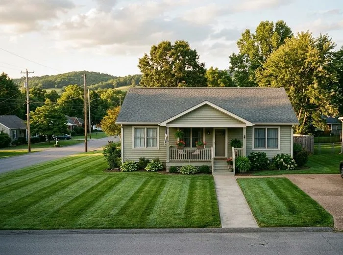 A freshly striped lawn in front of a family home
