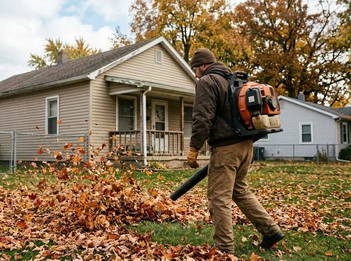 A man blowing autumn leaves off a front lawn