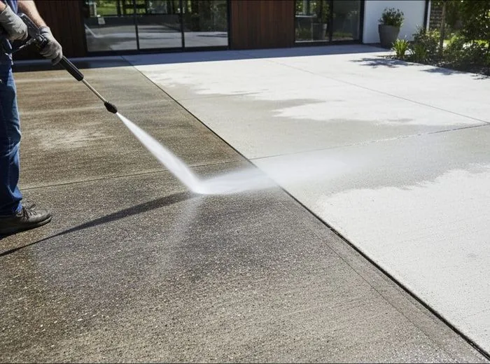 A pressure washer cleaning a strip of concrete driveway