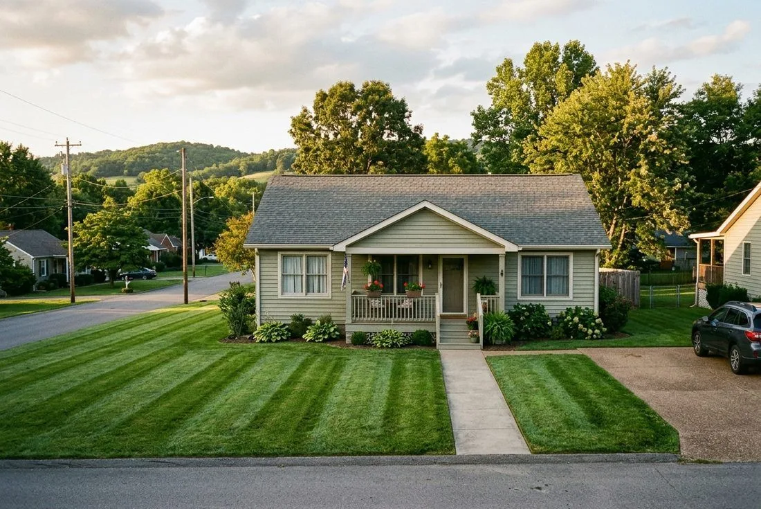 A freshly mowed lawn in front of a single-story home