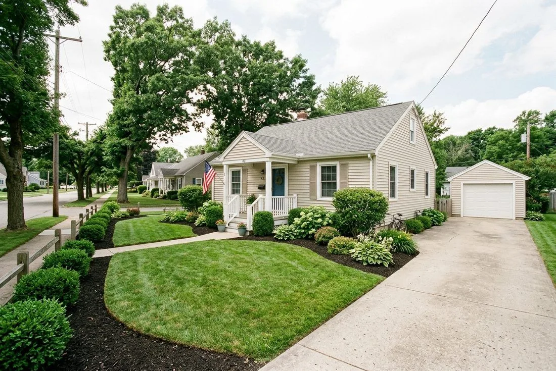 A neat front yard with trimmed shrubs and mulched beds