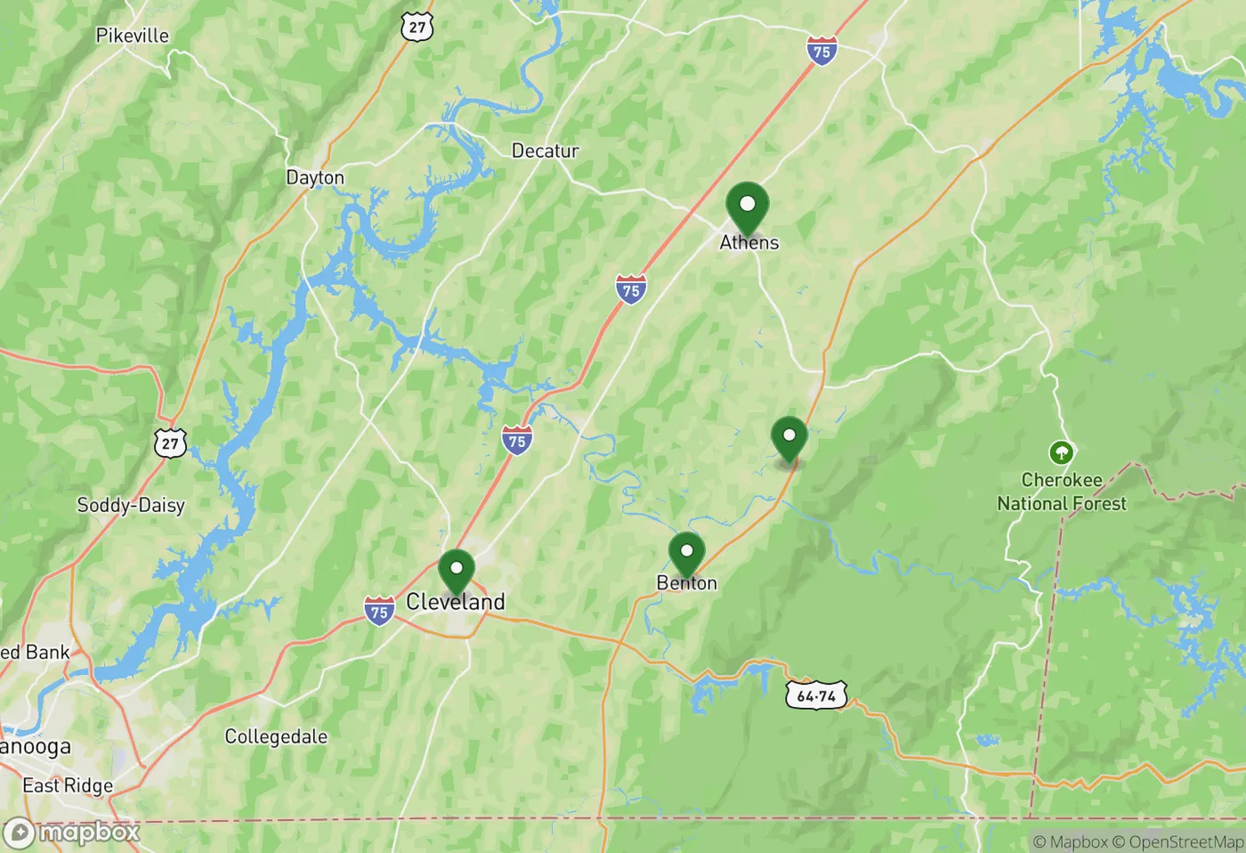 Map of the fall service area: Athens in McMinn County, plus Benton, Delano, Cleveland, Tennessee