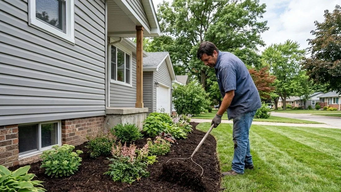 A man spreading dark mulch in a front garden bed